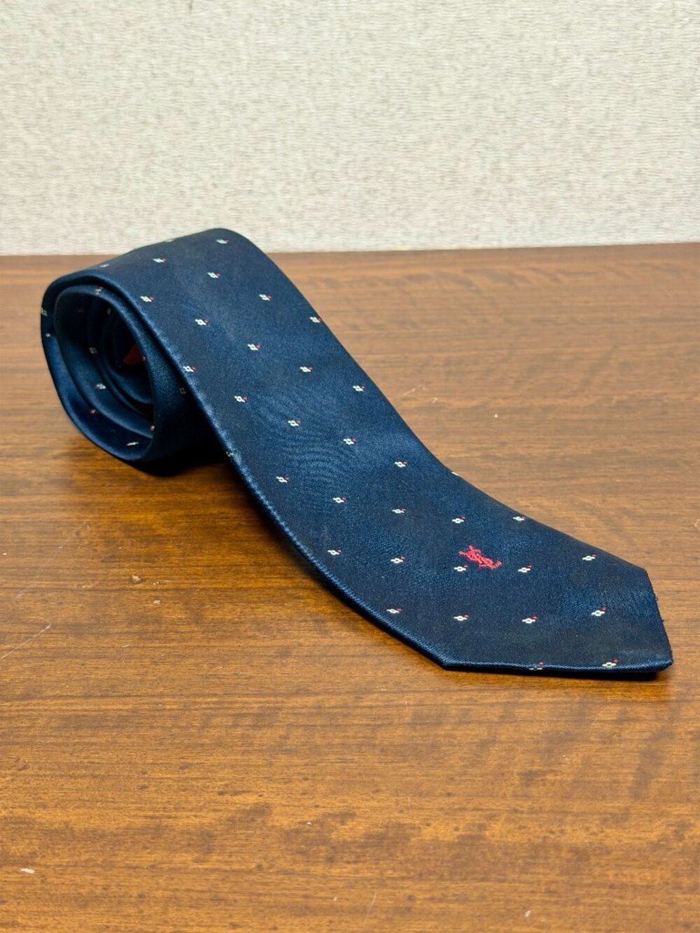 Vintage Yves Saint Laurent YSL Navy Blue Embroidered Logo Silk Tie
